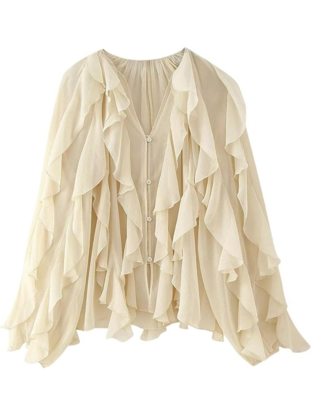 Chic Women's Ruffle Chiffon Blouse, V-Neck, Semi-Sheer, Long Sleeve Top